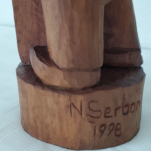 1998 Wood Sculpture "Bell Ringer" Signed Nicolae Serban Romania 23"h Modernist Expressionist Folk Art This organic...