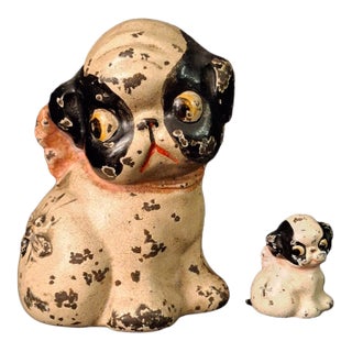 Antique Hubley Cast Iron Puppo Dog Coin Bank & Miniature Figure Set Grace Drayton For Sale