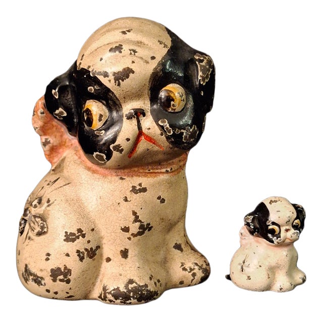 Antique Hubley Cast Iron Puppo Dog Coin Bank & Miniature Figure Set Grace Drayton For Sale
