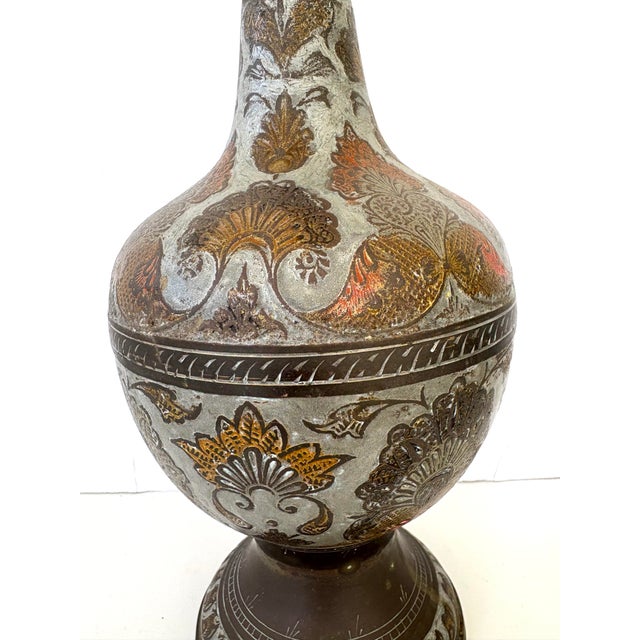 Indian Vintage Etched Enameled Brass Vase With Floral Motifs by Penco Industries, India, C. 1970s For Sale - Image 3 of 10