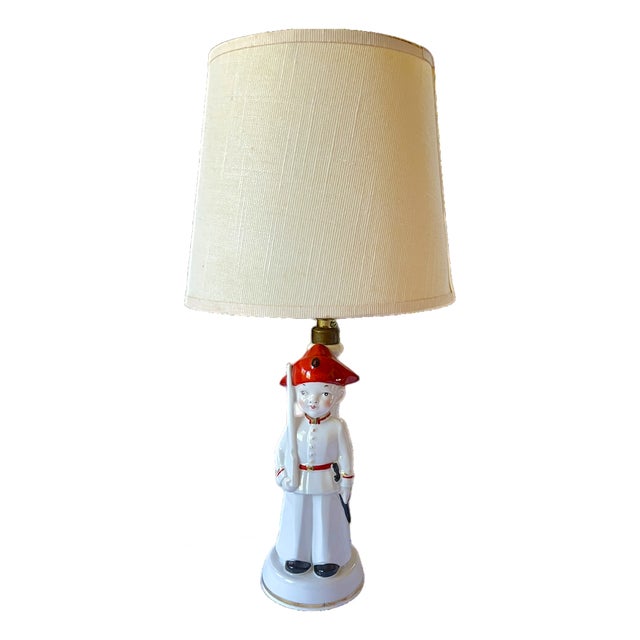 Vintage German Porcelain Figural Lamp – Child Soldier With Rifle, Table Lamp N the Style of Hertwig & Co. For Sale
