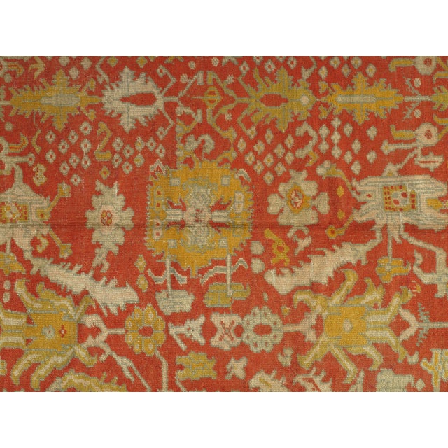 Antique Oushak Carpet, Oriental Rug, Handmade Rug Saffron, Light Blue and Coral For Sale - Image 11 of 18