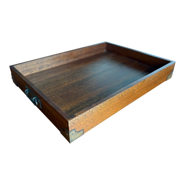 Vintage Mahogany Wood Butlers Tray Brass Handles and Corners For Sale