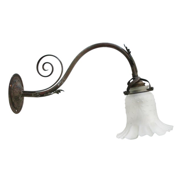 Art Nouveau French Brass & Frosted Glass Wall Lamp For Sale