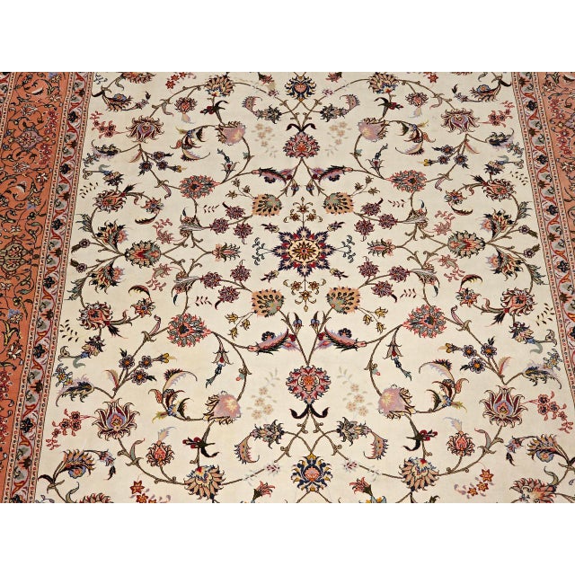 Vintage Persian Tabriz Rug, Hand-Knotted Wool & Silk, Allover Floral Pattern, Ivory & Pale Red, 7x10 For Sale - Image 16 of 18