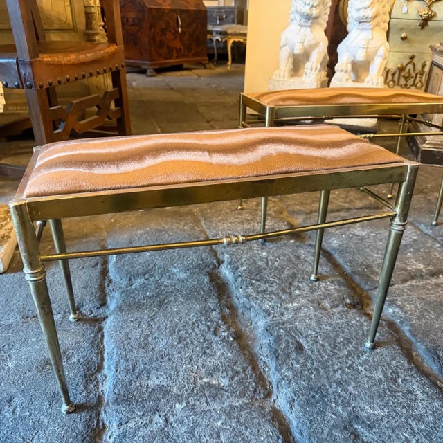 Two 1950s Mid-Century Modern Brass and Brown Velvet Rectangular Italian Stools For Sale - Image 12 of 16