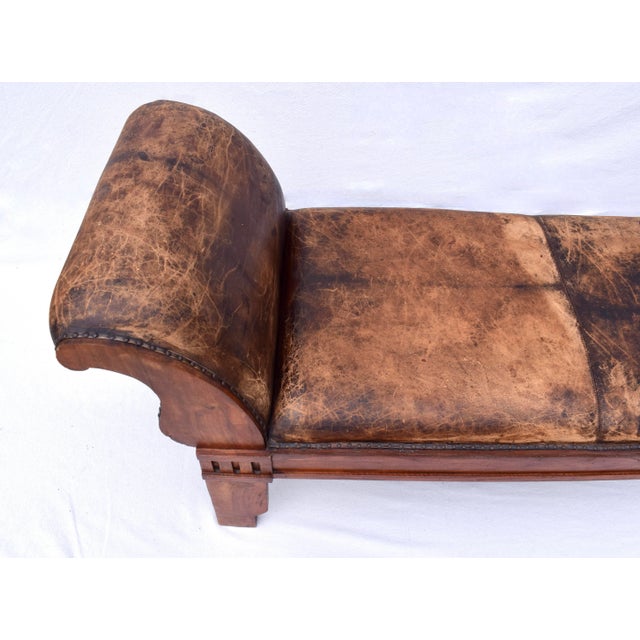 Vintage Leather Roll Arm Bench, Carved Oak Frame, Mission Style, Usa For Sale In Philadelphia - Image 6 of 12