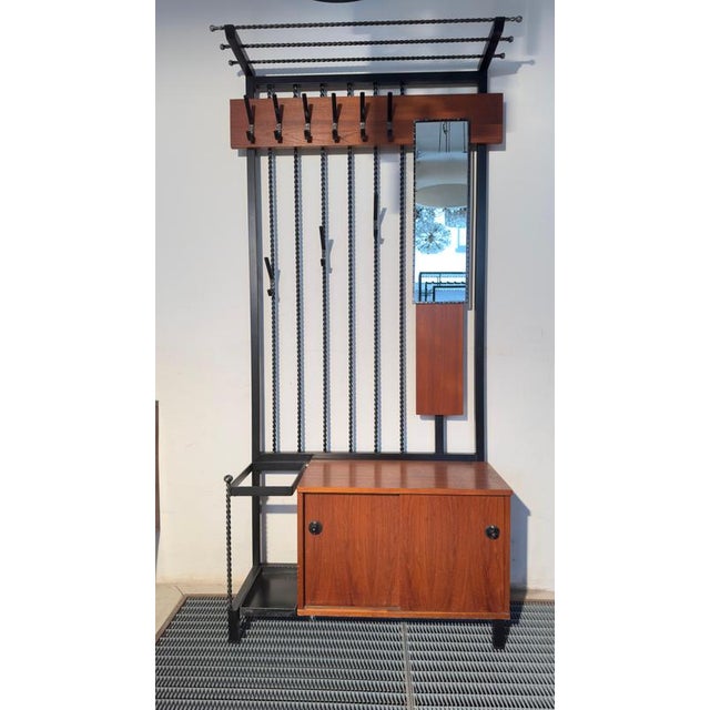 Wood Teak Hall Coat Rack with Storage and Mirror, Belgium, 1960s For Sale - Image 7 of 9