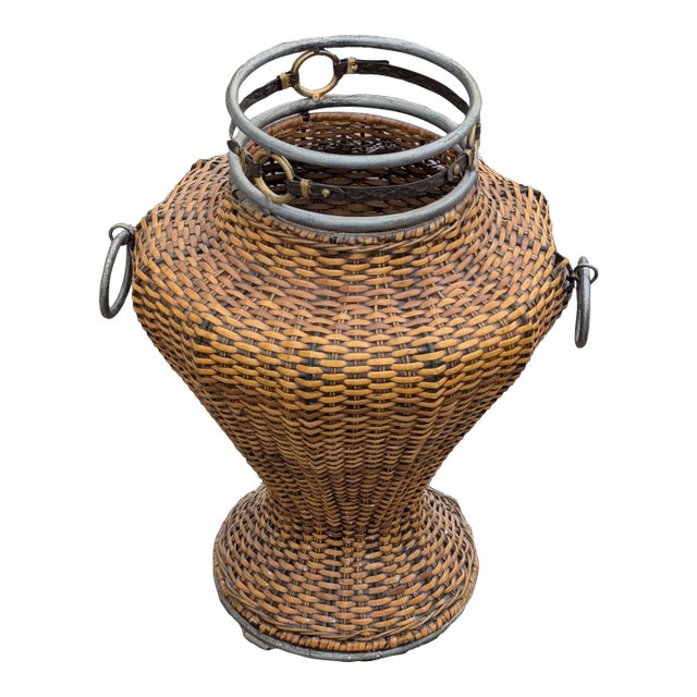 Vintage Woven Rattan Floor Vase With Metal Accent For Sale