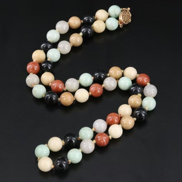 Metal Gumps 14k Gold Clasp Jadeite Nephrite Jade Beads Necklace Multicolor Estate Vintage For Sale - Image 7 of 13