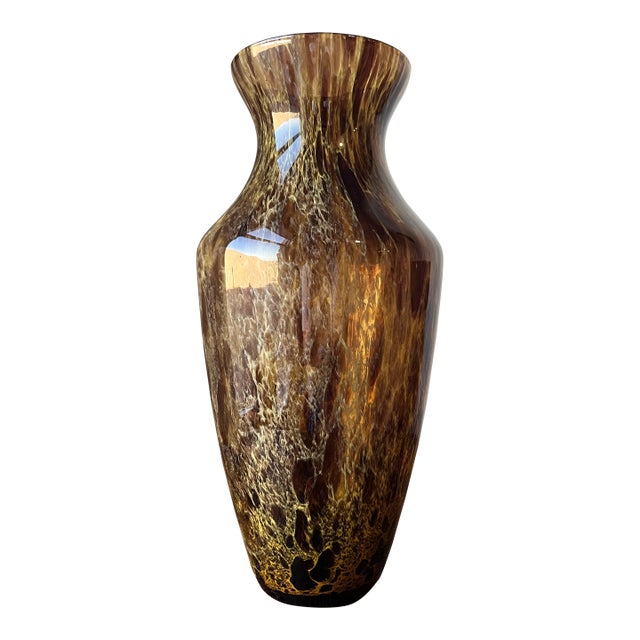 Vintage Amber, Gold and Brown Tortoise Art Glass Vase in the Style of Murano For Sale
