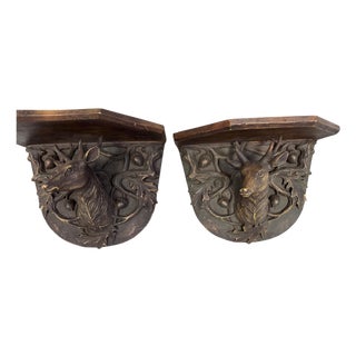 Mid 20th Century Black Forest Style Wall Shelves Featuring Stag Heads and Acorns - A Pair For Sale