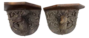 Mid 20th Century Black Forest Style Wall Shelves Featuring Stag Heads and Acorns - A Pair
