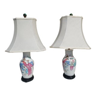 Vintage Mid 20th Century Small Pair of Porcelain Lamps For Sale