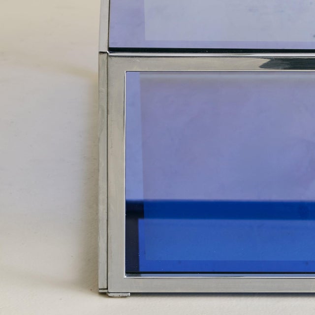 Chrome Italian Blue Glass + Chrome Coffee Table Attributed to Cristal Arte, 1970s For Sale - Image 8 of 8