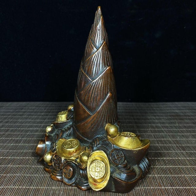 Chinese Vintage Chinese Gilt Bronze Bamboo Shoot & Coin Sculpture - "Rising Fortune" Motif For Sale - Image 3 of 9