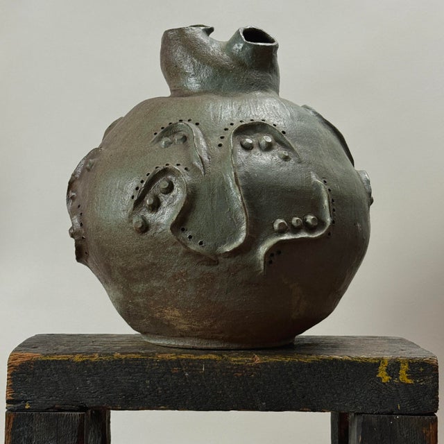 Postmodern Vintage Monumental Modernist Sculptural Three-Spout Stoneware Vessel, Signed For Sale - Image 3 of 10