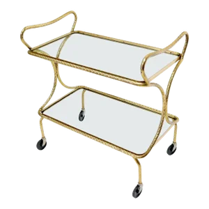 Italian Bent Textured Brass Tube Frame Glass Top Serving Cart on Wheels