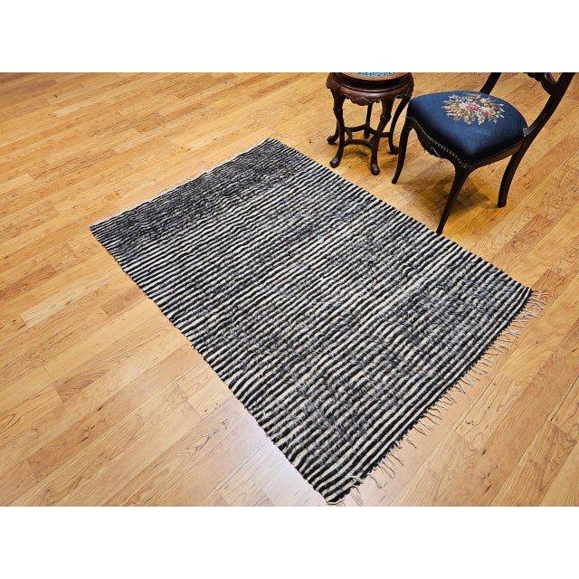 Vintage Turkish Tulu Rug, Handwoven, Shaggy Wool Pile, Stripe Design, 4' x 6' For Sale - Image 14 of 14