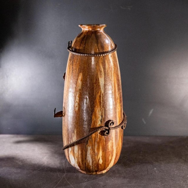 Art Deco Salted Stoneware Shell Vase with Wrought Iron Frame by Roger Guerin & Francois Carion, 1920 For Sale - Image 14 of 16
