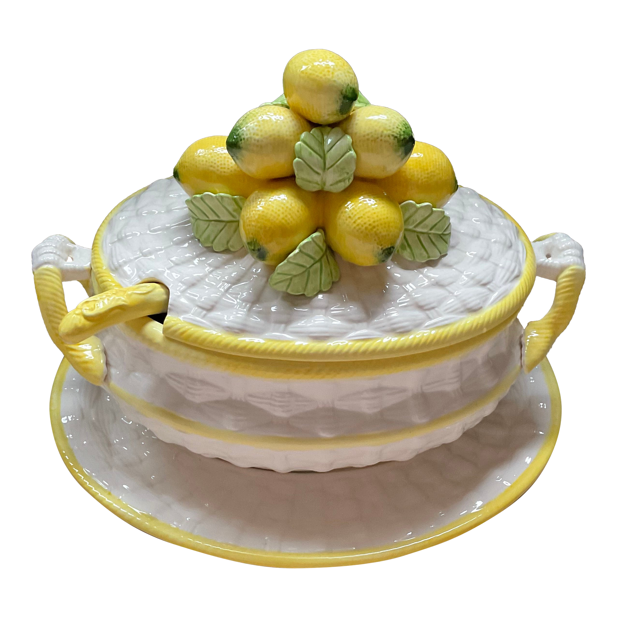 Vintage Majolica 3pc Basketweave &Lemons Soup Tureen Robert Nemith