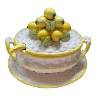 Vintage Majolica 3pc Basketweave &Lemons Soup Tureen Robert Nemith Harvest Collection For Sale