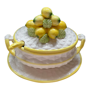 Vintage Majolica 3pc Basketweave &Lemons Soup Tureen Robert Nemith Harvest Collection