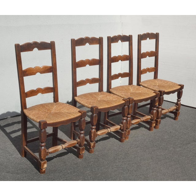 French Country Set of Four Antique French Country Brown Rush Ladderback Chairs For Sale - Image 3 of 18