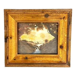 Vintage Texas Folk Art Landscape in Rustic Wood Frame For Sale