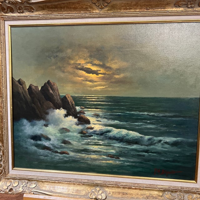 Coastal 20th Century Oil on Canvas Framed Signed by German American Artist Peter Hermann Schmidt ( 1886-1974) Seascape at Sunset For Sale - Image 3 of 11