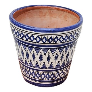 Moroccan Hand-Painted Ceramic Planter in Blue and White For Sale