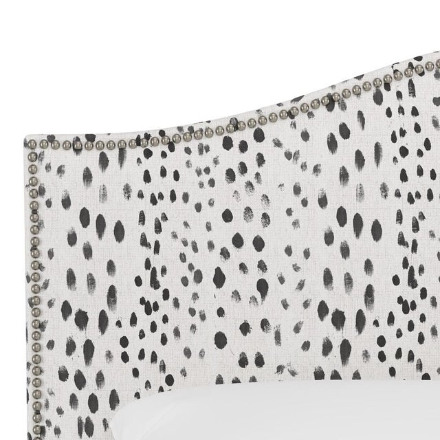 Full Camelback Headboard in Linen Leopard Ink with Pewter Nails For Sale - Image 4 of 6