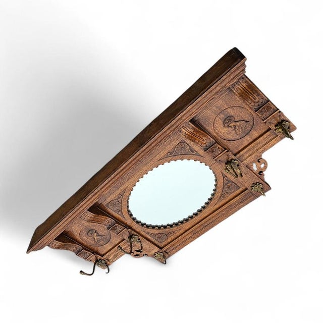 Dutch Entryway Wall Coat Rack in Carved Wood with Central Mirror, 1950s For Sale - Image 5 of 15