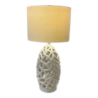 Sculptural Reticulated Off-White Ceramic Table Lamp – Coastal Modern / Organic Pierced Lattice For Sale
