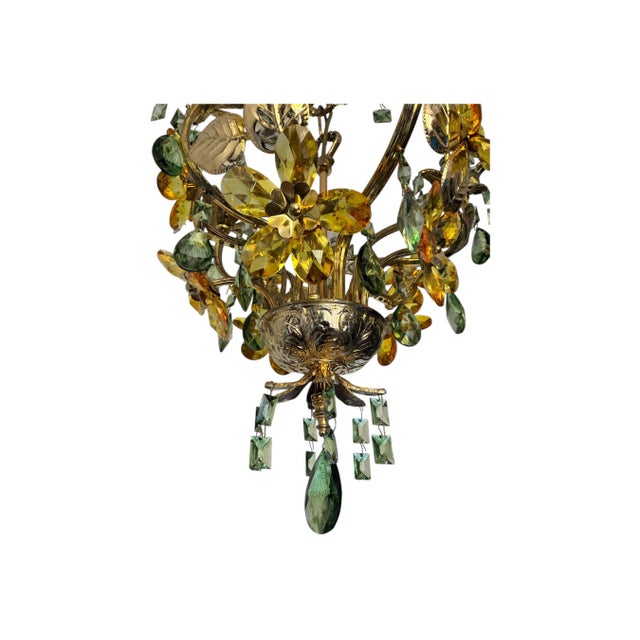 Vintage Hand-Painted Floral Crystal Chandelier | Amber & Green Glass Flowers | Classic Brass Ceiling Light | Restored Antique Lighting For Sale - Image 4 of 17