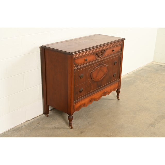 Berkey & Gay Berkey & Gay Style Antique Art Deco Carved Walnut Three-Drawer Dresser or Chest of Drawers, Circa 1930s For Sale - Image 4 of 15