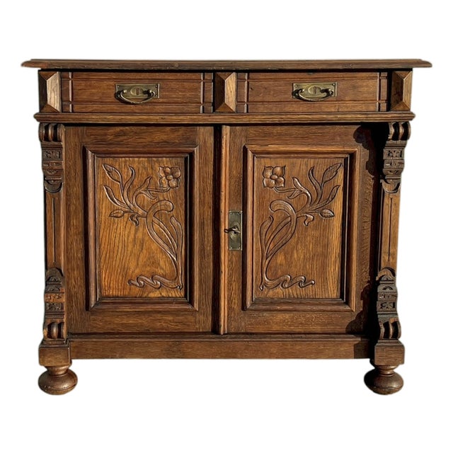 Antique French Art Nouveau Oak Buffet with Floral Details, 1890s For Sale