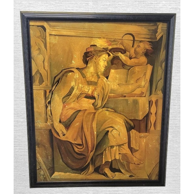 Yellow 1980s Monumental Reproduction Michaelangelo Sibyl, Erythraean Oil Paintings Framed Art Signed Rueben- A Pair For Sale - Image 8 of 18