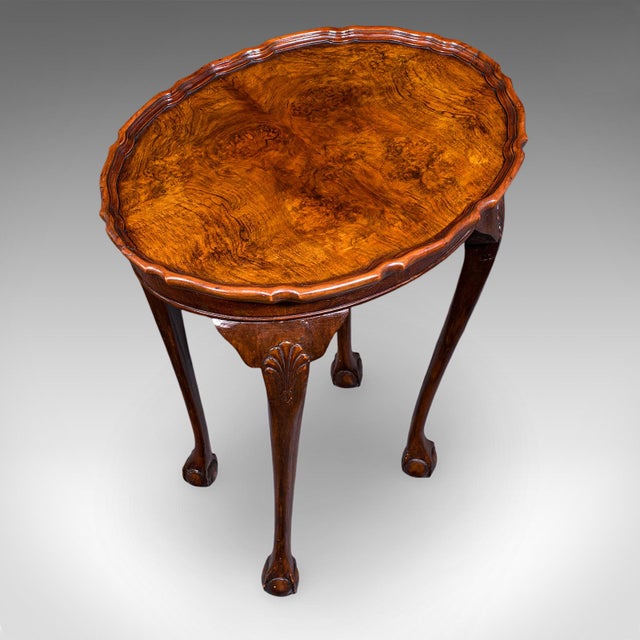 Antique Oval Side Table, English, Burr Walnut, Lamp, Wine, Pie Crust, Edwardian For Sale - Image 6 of 12