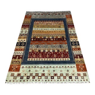 Blue & Rust Afghan Sultani Pictorial Wool Rug, Natural Dye Khorjin Tribal Design, 6′5″ × 9′7″ For Sale