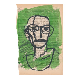 Contemporary Portrait Ink Drawing on Vintage Paper For Sale
