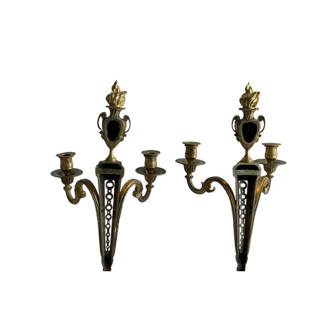 Pair of Antique French Louis XVI Neoclassical Gilt Bronze Ormolu 2 Candelabra Wall Sconces Made in France c1860. Each is...