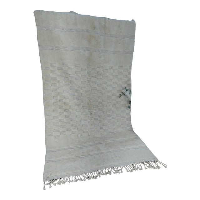 Handwoven Ivory Checkerboard Wool Moroccan Beni Ourain Rug For Sale