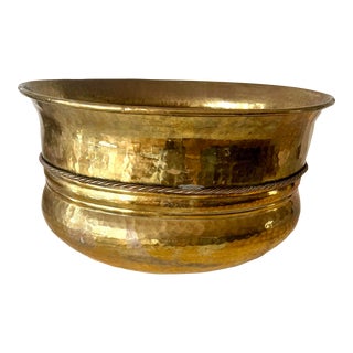 Large Vintage Hammered Brass Planter With Rope Detail For Sale