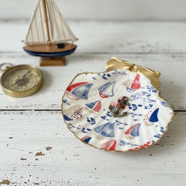 Coastal Nautical Sailboat Seashell Trinket Dish Coastal Beach Decor For Sale - Image 3 of 4
