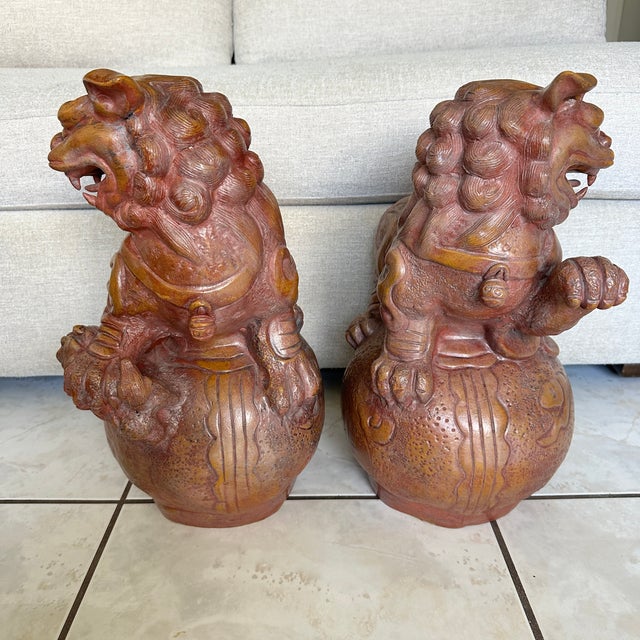 Pair Large 19" Terracotta Foo Dogs Chinese Guardian Lions Vintage Heavy For Sale - Image 9 of 17
