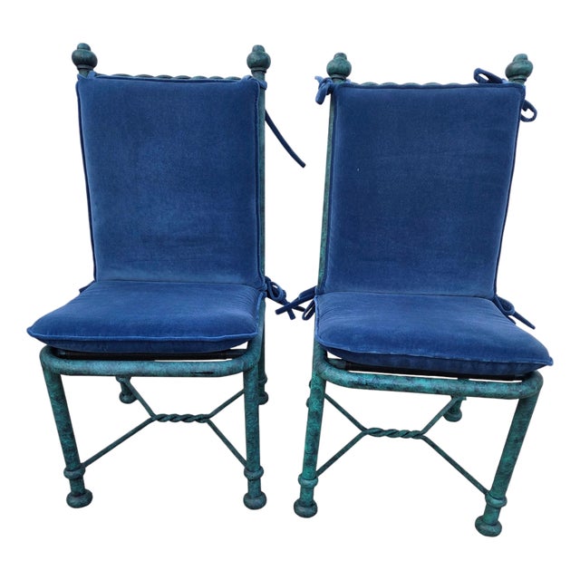 2 Vintage Pompeii Babylon Designer Side Chairs Twisted Aluminum Faux Verdigris For Sale
