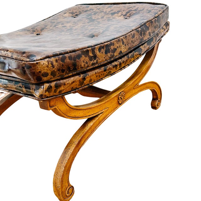 Mid 20th Century Mid 20th Century Curule Bench With Tufted Faux Tortoise Shell Vinyl Seat For Sale - Image 5 of 12