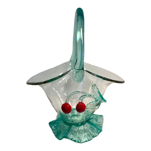 Vintage Loetz Control Bubbles Uranium Glass Basket With Applied Cherries For Sale
