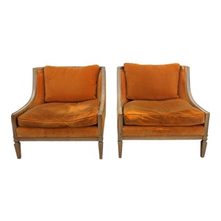 Saltman of Marin Vintage Orange Velvet Lounge Chairs - a Pair For Sale
